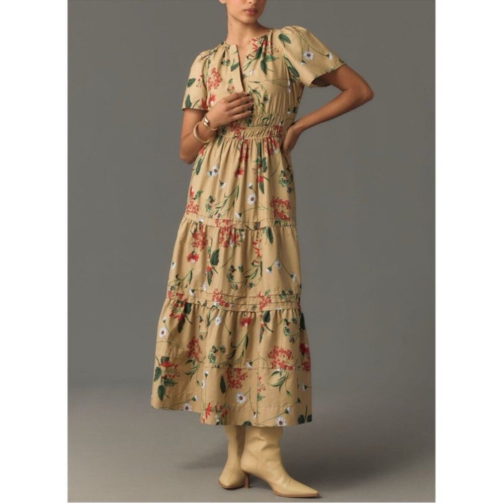 NWT Women’s Anthropologie The Somerset Floral Maxi Dress Khaki Tan Size L